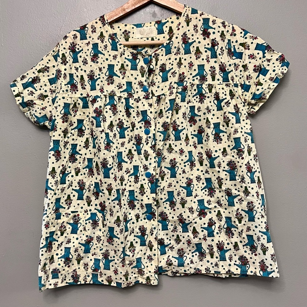 VTG Katz Long PAJ Women’s Button Up Water Can & Floral Print Shirt Size Medium